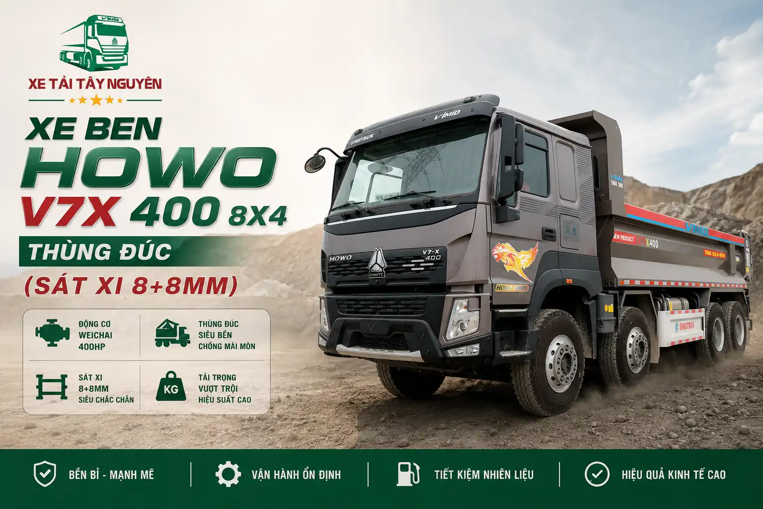 Xe ben HOWO V7X 400 8X4 Thùng đúc (Sát xi 8+8mm)
