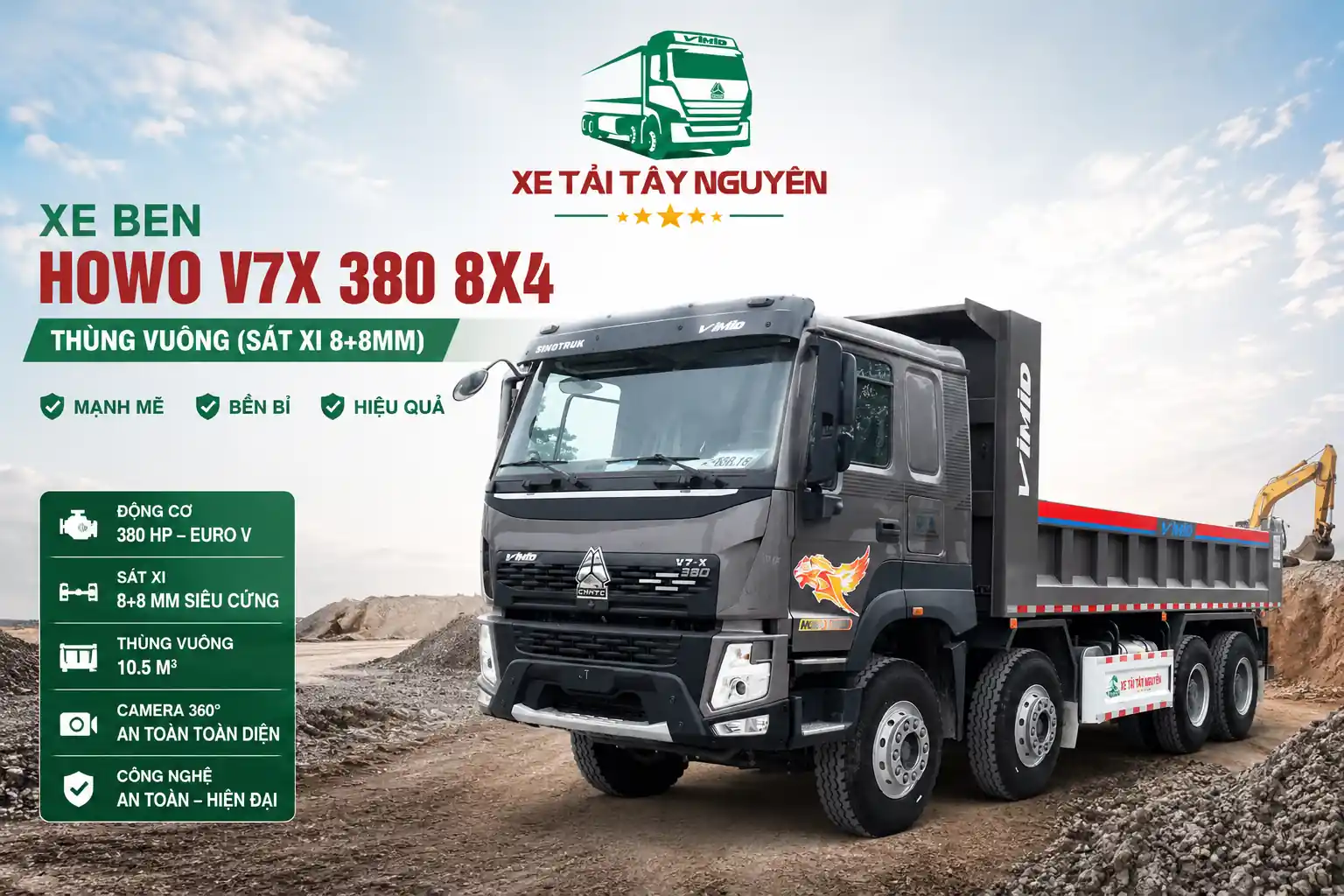 Xe ben HOWO V7X 380 8X4 Thùng Vuông (Sát xi 8+8mm)