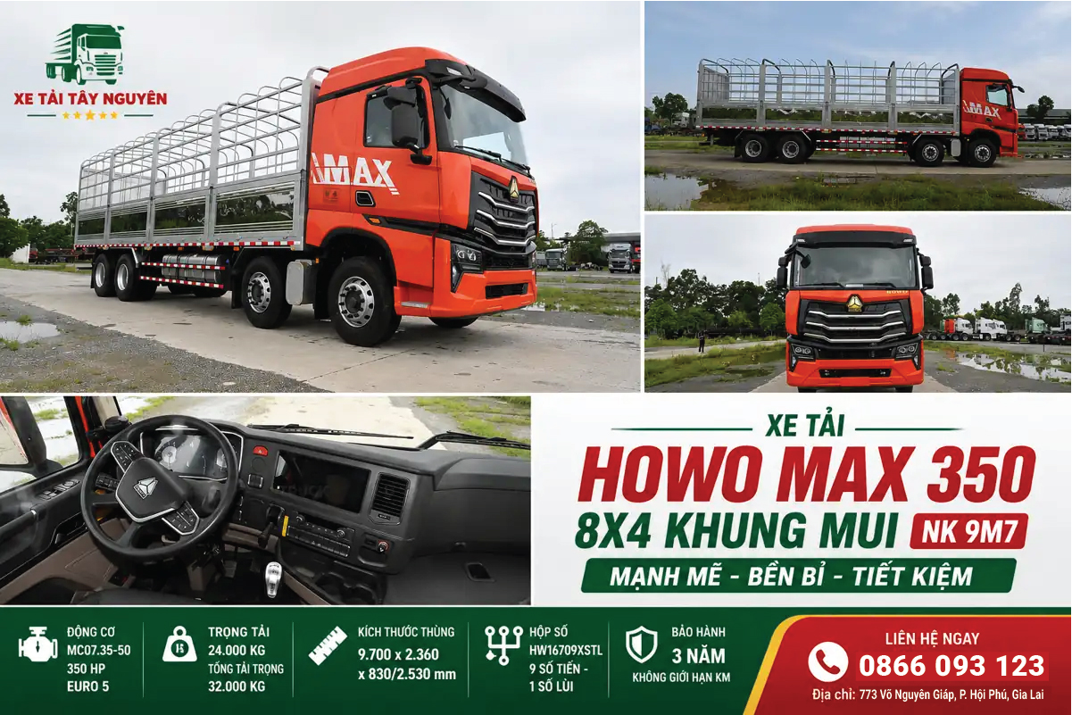 XE TẢI HOWO MAX 350 8X4 KHUNG MUI NHẬP KHẨU 9M7