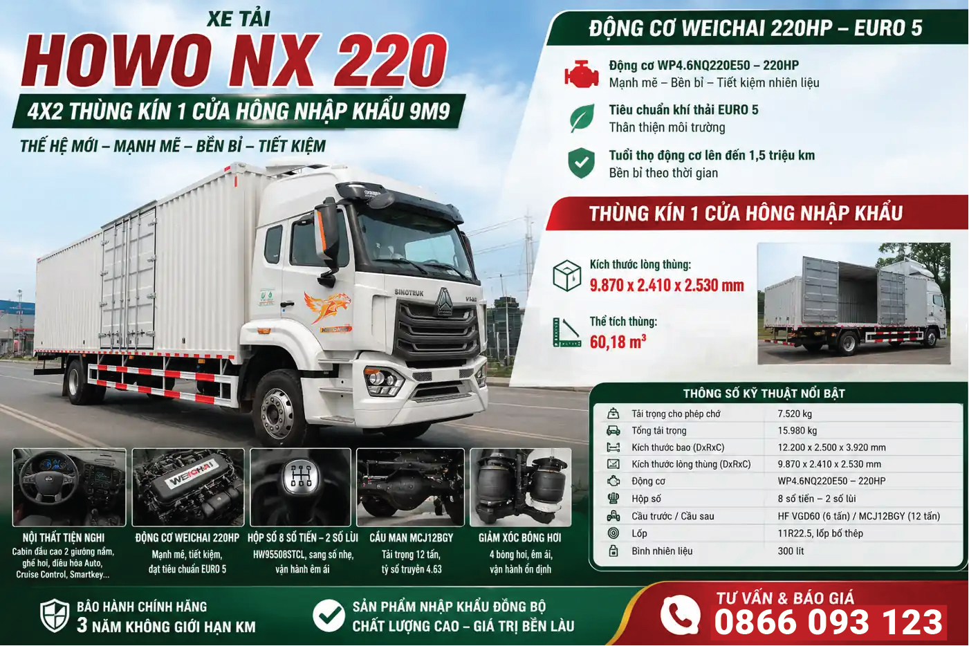 Xe tải HOWO NX 220 4X2 Thùng kín 1CH Nhập khẩu 9M9
