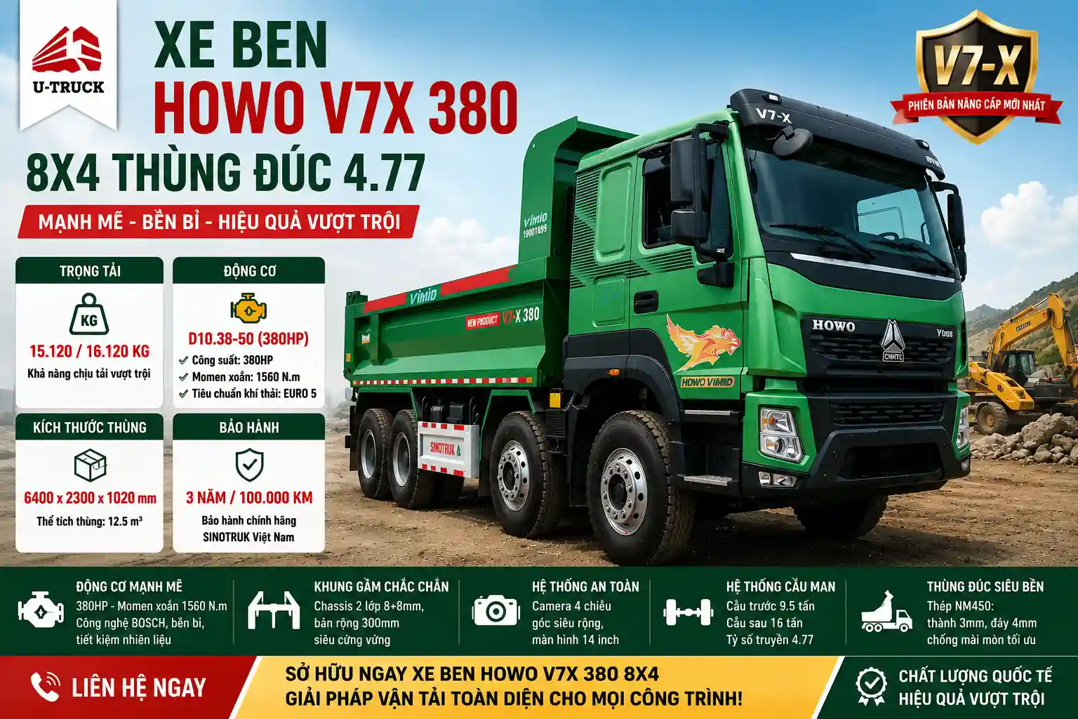 Xe ben HOWO V7X 380 8X4 Thùng đúc 4.77